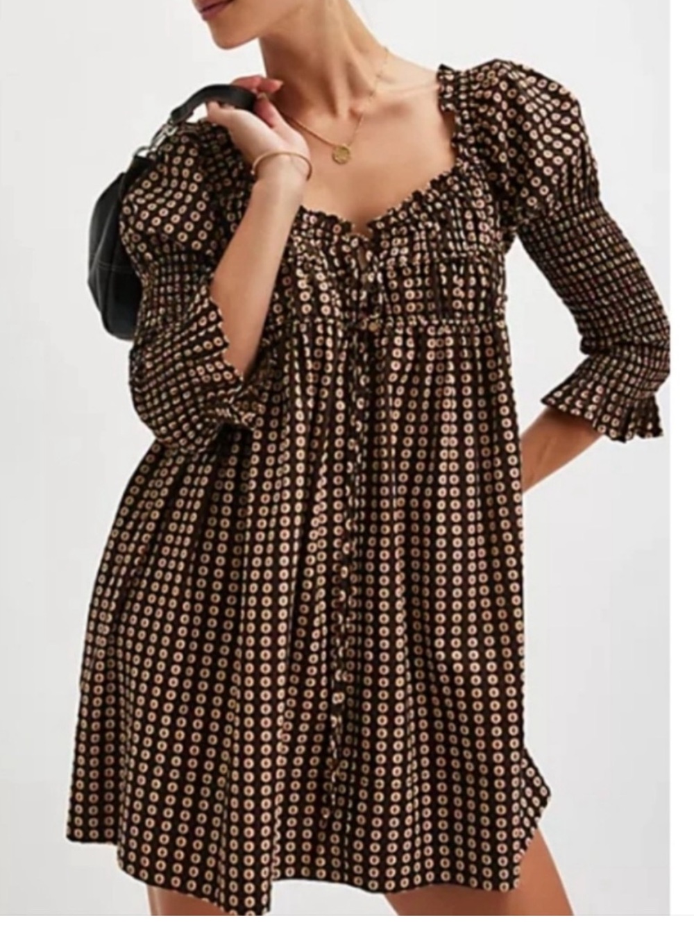 Free People Star Dip Brown Black Patterned Puffed Sleeve Open Back Mini Dress